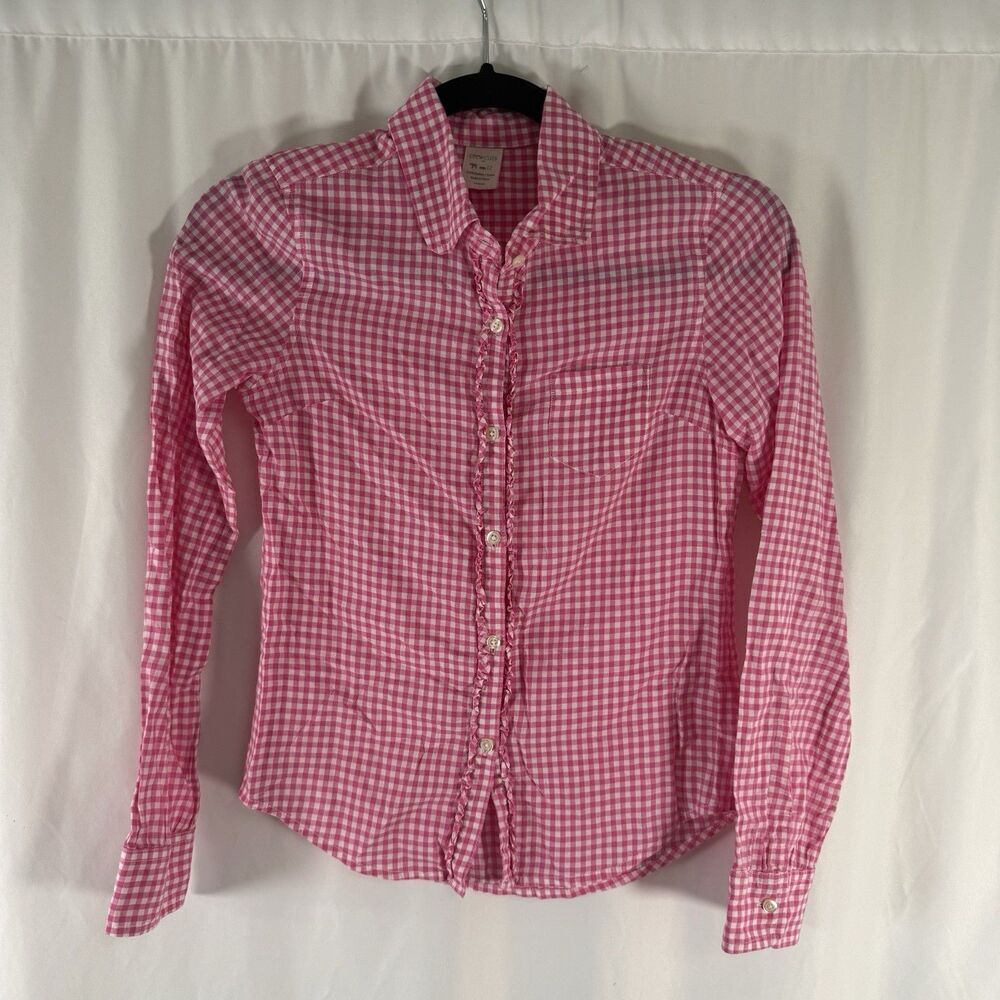 Crewcuts Button Down Shirt Girls 12 Pink White Plaid Long Sleeve Ruffle Trim